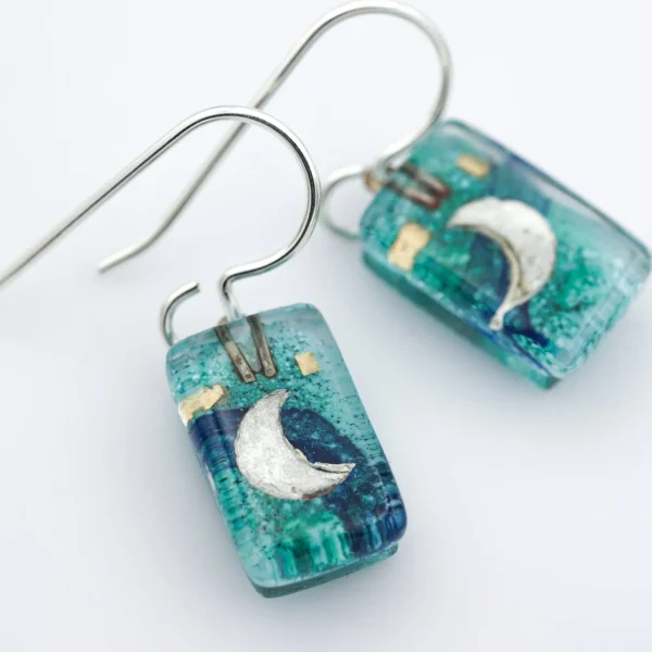 Aqua Moon Drops Hand-Painted Dangle Earrings