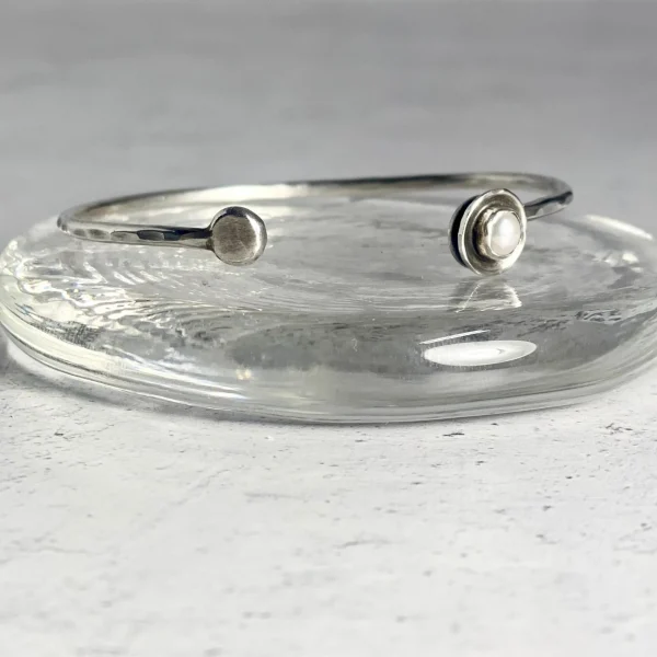 Hammered Open Bangle with Bezel set Freshwater Pearl