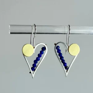 Heart Earrings with 18k Bimetal Dot and Lapis Semiprecious Beads