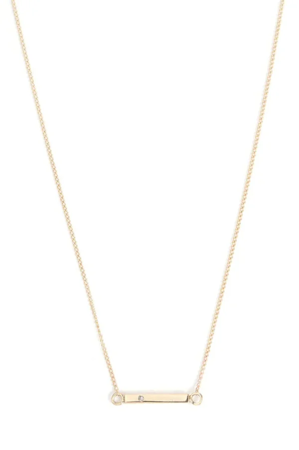 14k Gold 1/2" Bar with 1mm White Diamond Necklace