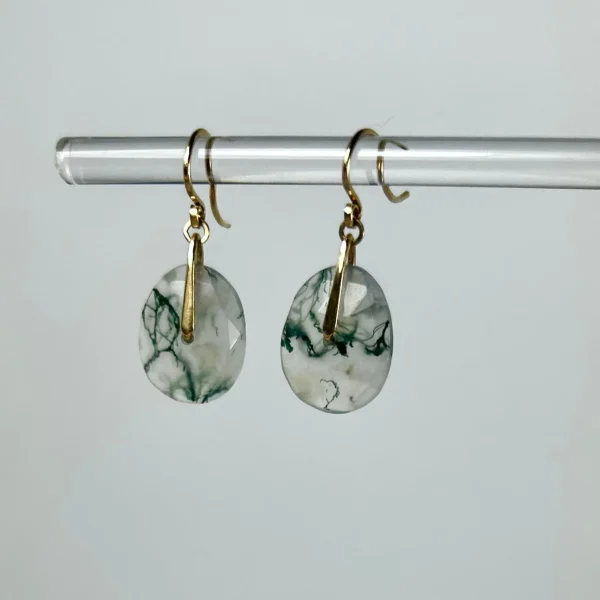 Moss Agate Earrings with 14k-Gold Hand-Forged Bail