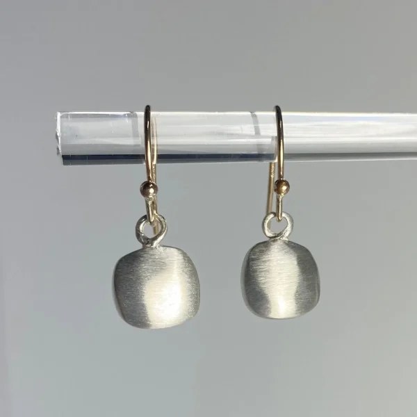 Puffy Square Sterling Silver Earrings on Gold Earring Wire