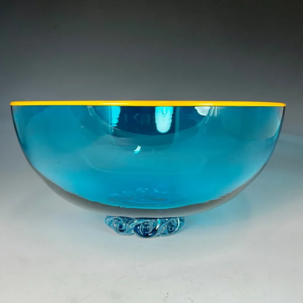 Translucent Turquoise with Orange Lip Wrap Low Bowl with Wave Foot