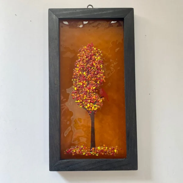 4x8 Fused Glass Framed Seasonal Cardinal in a Tree