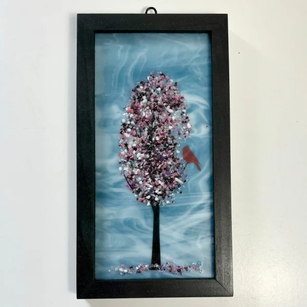 4x8 Fused Glass Framed Seasonal Cardinal in a Tree