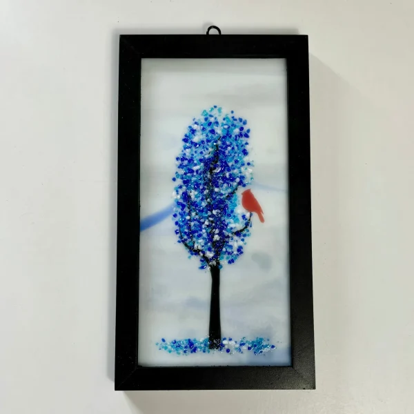 4x8 Fused Glass Framed Seasonal Cardinal in a Tree