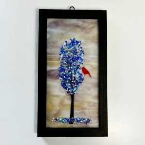 4x8 Fused Glass Framed Seasonal Cardinal in a Tree