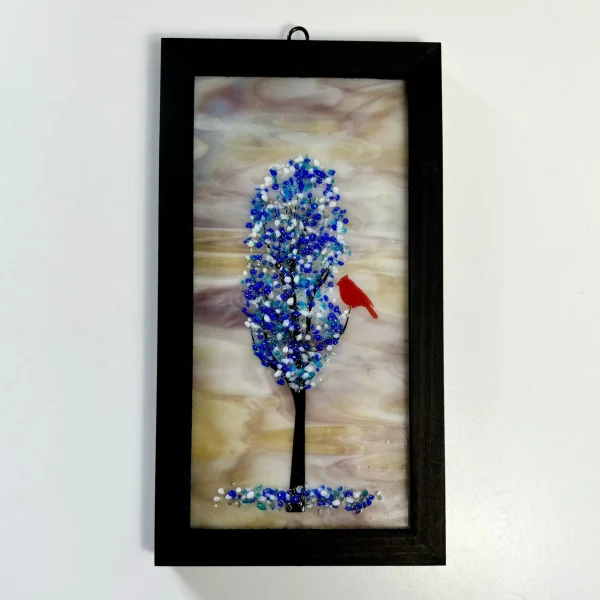 4x8 Fused Glass Framed Seasonal Cardinal in a Tree