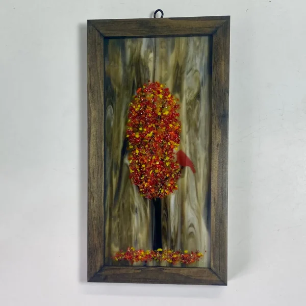 4x8 Fused Glass Framed Seasonal Cardinal in a Tree