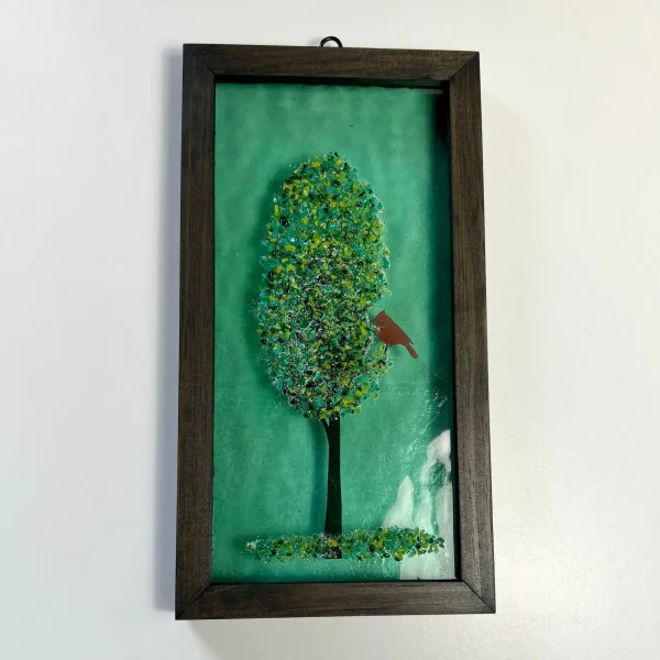 4x8 Fused Glass Framed Seasonal Cardinal in a Tree