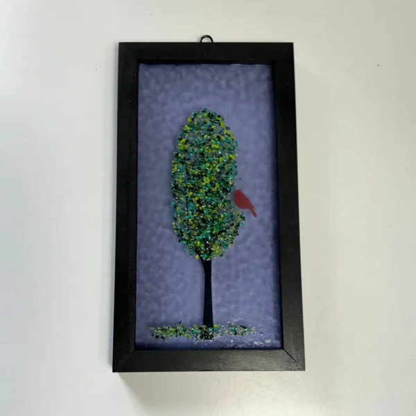 4x8 Fused Glass Framed Seasonal Cardinal in a Tree