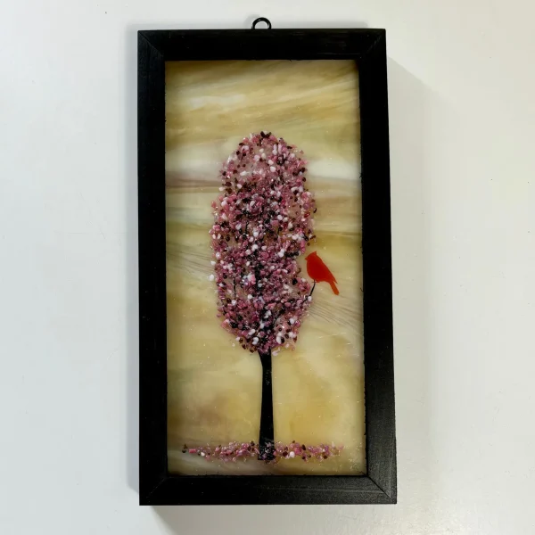 4x8 Fused Glass Framed Seasonal Cardinal in a Tree